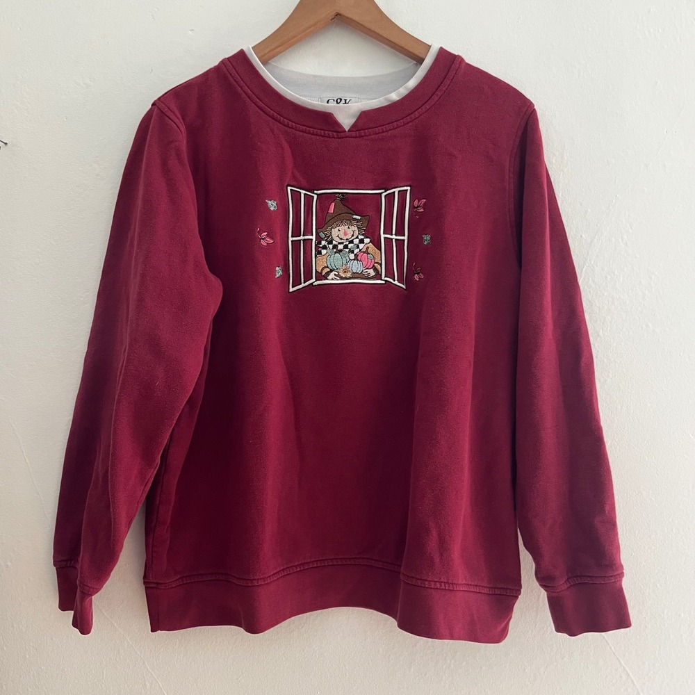 Vintage Embroidered Scarecrow Crewneck Sweatshirt Cozy Fall Vibes L